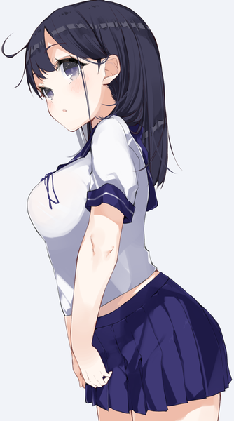 Anime picture 1292x2315 with kantai collection ushio destroyer kayahara (kayaka) single long hair tall image looking at viewer blush fringe breasts black hair simple background large breasts purple eyes looking away ahoge parted lips pleated skirt grey background leaning