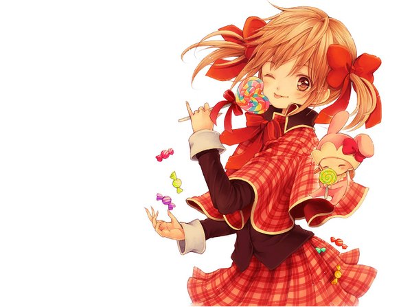 Anime picture 1420x1059 with shugo chara! yuiki yaya nire single blush simple background white background twintails brown eyes one eye closed wink orange hair short twintails :p girl skirt bow hair bow food sweets