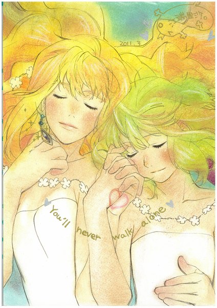 Anime picture 1280x1811 with macross macross frontier sheryl nome ranka lee tagme (artist) long hair tall image short hair blonde hair bare shoulders multiple girls eyes closed green hair holding hands border sleeping girl dress flower (flowers) 2 girls