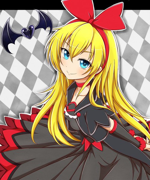 Anime picture 795x954 with precure dokidoki! precure toei animation regina (dokidoki! precure) wakataku single long hair tall image looking at viewer blush fringe blue eyes blonde hair smile hair between eyes from above hands behind back arched back checkered checkered background