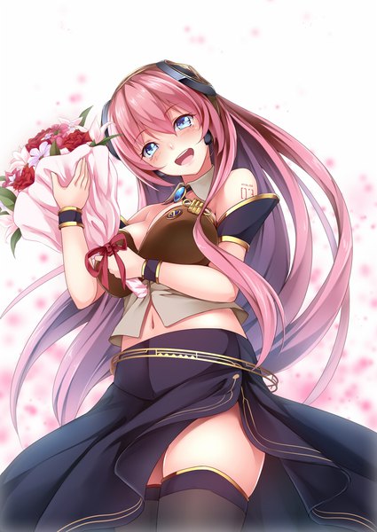 Anime picture 800x1129 with vocaloid megurine luka megurine luka (vocaloid4) bit (keikou syrup) single long hair tall image looking at viewer blush fringe breasts open mouth blue eyes light erotic hair between eyes large breasts bare shoulders pink hair cleavage from below