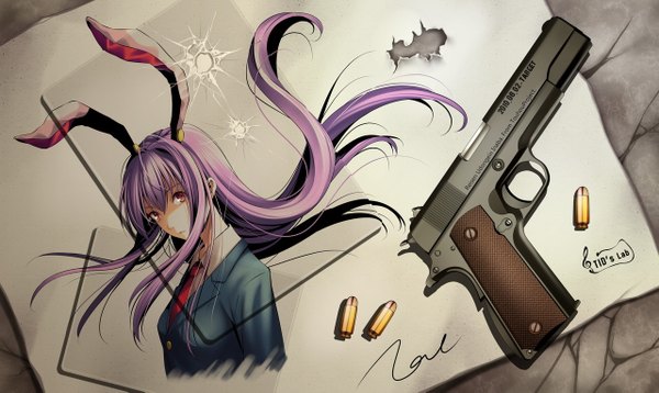 Anime picture 1280x765 with touhou reisen udongein inaba tidsean long hair red eyes wide image purple hair bunny ears bunny girl girl weapon pistol