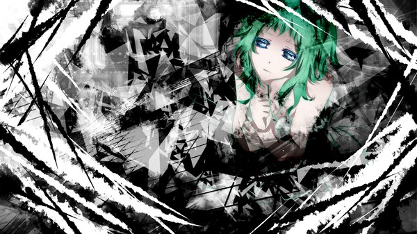 Anime picture 2000x1125 with vocaloid gumi tyouya single highres short hair blue eyes wide image green hair hands clasped girl dress