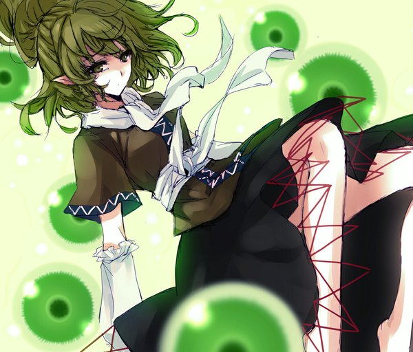 Anime picture 1024x875 with touhou mizuhashi parsee kuroneko nero single short hair green eyes ponytail barefoot green hair pointy ears legs weightlessness girl dress detached sleeves