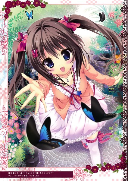 Anime picture 2482x3500 with prismatic world (artbook) shiramori yuse single long hair tall image looking at viewer blush highres open mouth blue eyes black hair twintails scan girl thighhighs dress hair ornament flower (flowers) bow hair bow