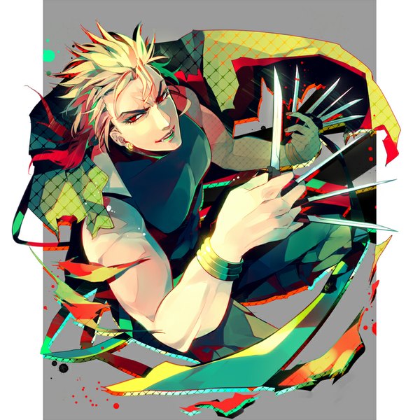 Anime picture 900x900 with jojo no kimyou na bouken dio brando takashi (huzakenna) single long hair blonde hair smile red eyes red hair multicolored hair from above grey background teeth fang (fangs) lipstick eyebrows muscle green lipstick boy weapon