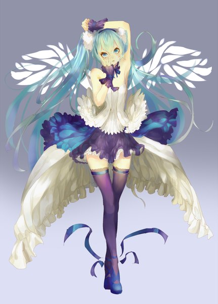 Anime picture 1265x1761 with 7th dragon 7th dragon 2020 vocaloid hatsune miku yelsh single long hair tall image looking at viewer blush simple background twintails full body aqua eyes aqua hair zettai ryouiki white wings hand on face fake wings girl
