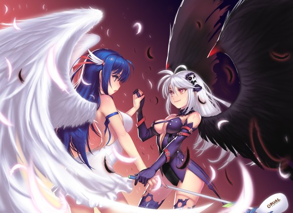 Anime picture 1200x872 with pangya arin spika (pangya) kamdia (artist) long hair breasts blue eyes light erotic red eyes bare shoulders multiple girls blue hair white hair girl dress gloves 2 girls wings elbow gloves feather (feathers)
