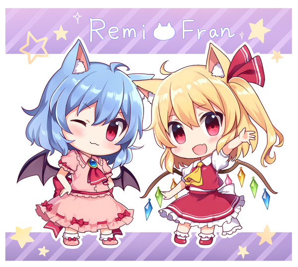 Anime picture 1436x1292 with touhou flandre scarlet remilia scarlet yada (xxxadaman) looking at viewer blush short hair open mouth simple background blonde hair smile red eyes multiple girls animal ears blue hair full body ahoge :d one eye closed arm up