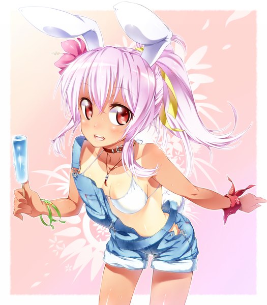 Anime picture 1400x1600 with touhou reisen udongein inaba ichi makoto tall image breasts light erotic red eyes animal ears pink hair bunny ears bunny girl bunny tail tan lines girl flower (flowers) ribbon (ribbons) swimsuit food sweets ice cream