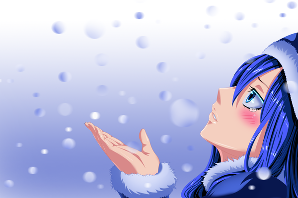 Anime picture 3000x2000 with fairy tail juvia lockser mansour-s single long hair blush highres blue eyes blue hair profile coloring snowing snow girl fur cap teardrop winter clothes