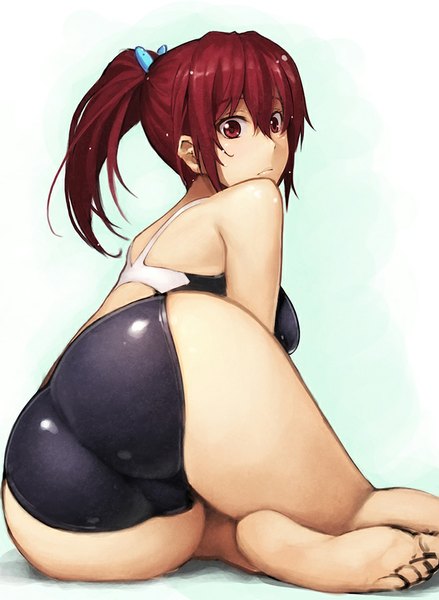 Anime picture 700x957 with free! kyoto animation matsuoka gou simasima owl single long hair tall image looking at viewer fringe breasts light erotic simple background red eyes ass ponytail red hair looking back barefoot bare legs legs