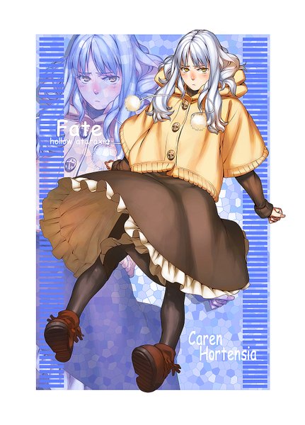 Anime picture 1079x1500 with fate (series) fate/hollow ataraxia type-moon caren hortensia azusa (hws) single long hair tall image blush fringe yellow eyes silver hair inscription border outside border zoom layer girl pantyhose hood sweater