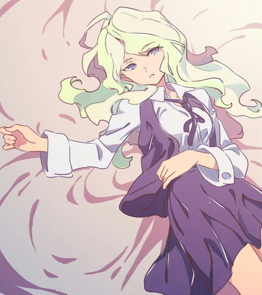 Anime picture 1890x2126 with little witch academia studio trigger diana cavendish tama (tama-s) single long hair tall image highres blue eyes blonde hair lying outstretched arm open collar messy hair girl uniform school uniform bedsheet vest