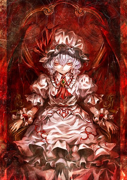 Anime picture 1000x1416 with touhou remilia scarlet kozou single tall image looking at viewer fringe short hair red eyes purple hair pale skin bat wings girl dress wings bonnet wristlet brooch