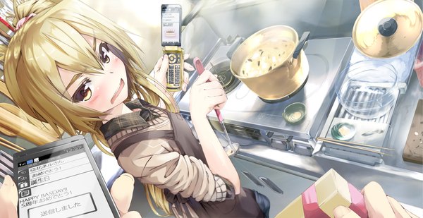 Anime picture 1980x1020 with vocaloid akita neru daidou (demitasse) long hair blush highres open mouth blonde hair wide image yellow eyes ponytail side ponytail pov cooking girl apron hand phone kitchen ladle