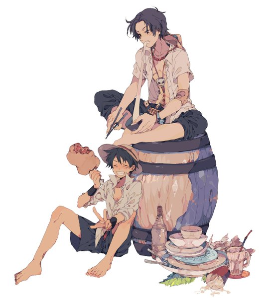 Anime picture 1111x1222 with one piece toei animation monkey d. luffy portgas d. ace renxxx tall image short hair black hair simple background smile white background sitting eyes closed open clothes multiple boys open shirt scar siblings naked shirt brothers