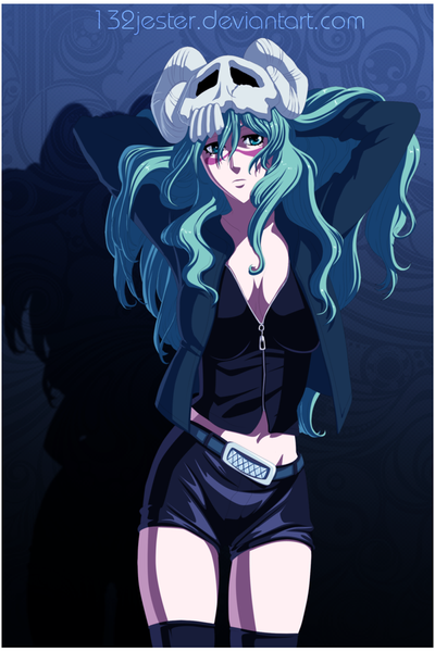 Anime picture 1000x1500 with bleach studio pierrot nelliel tu odelschwanck 132jester single long hair tall image light erotic green eyes green hair shadow coloring arms behind head face paint espada girl shorts skull