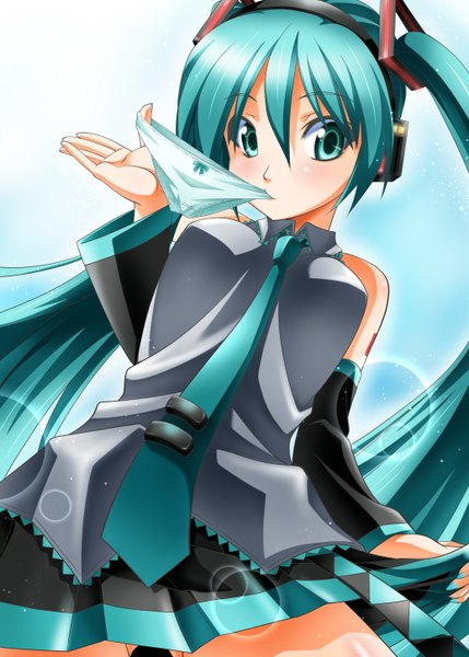 Anime picture 1036x1450 with vocaloid hatsune miku sumeragi tomo tall image looking at viewer light erotic twintails very long hair aqua eyes aqua hair mouth hold girl skirt underwear panties detached sleeves miniskirt necktie headphones
