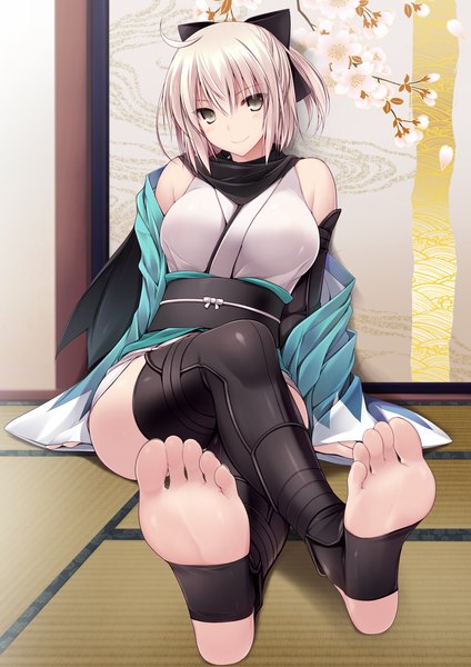 Anime picture 1447x2047 with fate (series) fate/grand order okita souji (fate) (all) okita souji (koha-ace) naturalton single tall image looking at viewer blush fringe short hair breasts light erotic blonde hair smile hair between eyes large breasts sitting bare shoulders payot
