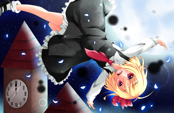 Anime picture 2300x1500 with touhou rumia sisterakuma single blush highres short hair open mouth blonde hair red eyes night girl dress petals moon