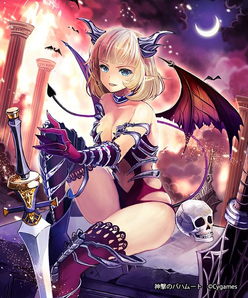 Anime picture 750x900 with shingeki no bahamut nasubi (w.c.s) single tall image short hair blue eyes light erotic blonde hair sitting tail horn (horns) pointy ears demon tail demon wings crescent girl thighhighs weapon animal sword