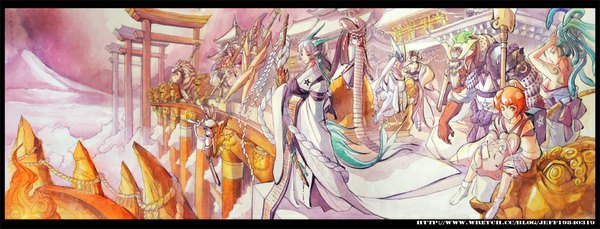 Anime picture 1024x391 with loiza long hair short hair brown hair wide image bare shoulders multiple girls silver hair white hair traditional clothes japanese clothes orange hair tattoo 6+ girls 6 girls girl boy animal armor snake
