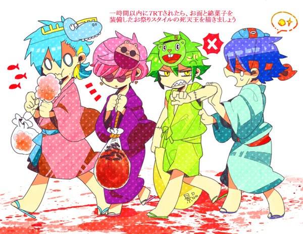 Anime picture 1288x996 with happy tree friends flippy splendid (htf) the mole lumpy short hair yellow eyes blue hair pink hair purple hair japanese clothes green hair multiple boys grin mask on head personification boy kimono mask sunglasses