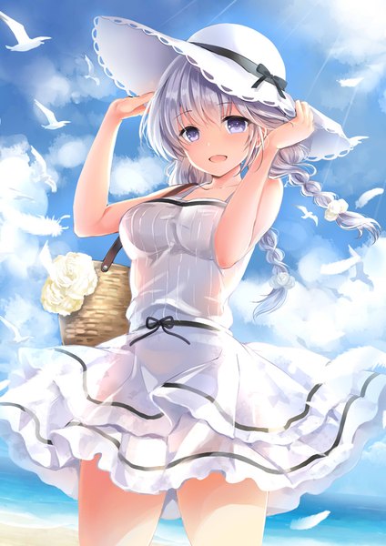 Anime picture 655x927 with original yuuri (mafuyu) mafuyu single long hair tall image looking at viewer blush open mouth blue eyes sky cloud (clouds) white hair braid (braids) girl hat feather (feathers) sundress