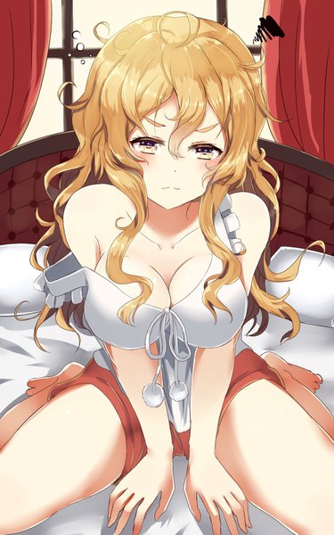 Anime picture 1000x1600 with kantai collection zara (kantai collection) hinauri (nurupon) single long hair tall image blush fringe breasts light erotic blonde hair hair between eyes large breasts sitting bare shoulders yellow eyes looking away cleavage ahoge barefoot
