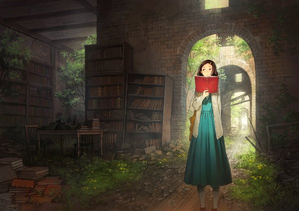 Anime picture 1600x1132 with original yoshida seiji single fringe short hair brown hair standing holding brown eyes looking away indoors ruins brick wall overgrown girl dress hair ornament plant (plants) hairclip book (books)