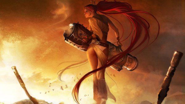 Anime picture 1920x1080 with tagme (artist) single highres wide image ponytail red hair very long hair looking back black eyes girl weapon animal bird (birds)