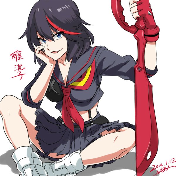 Anime picture 800x800 with kill la kill studio trigger matoi ryuuko non (nonzile) single looking at viewer fringe blue eyes black hair simple background white background red hair multicolored hair light smile two-tone hair teeth fang (fangs) streaked hair girl skirt