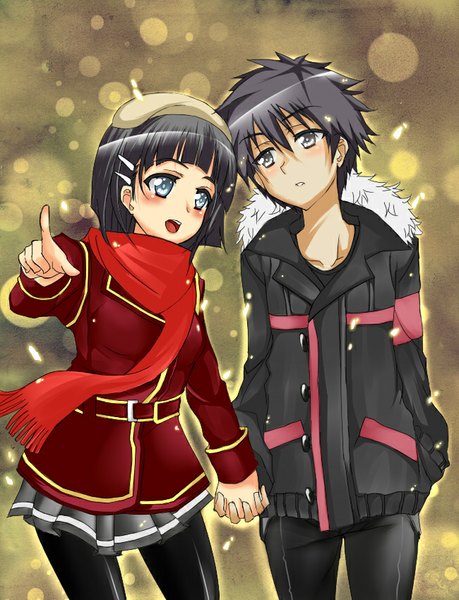 Anime picture 650x850 with sword art online a-1 pictures kirigaya kazuto kirigaya suguha agetama tall image blush fringe short hair breasts open mouth blue eyes black hair looking away pleated skirt grey eyes fur trim couple outstretched arm holding hands