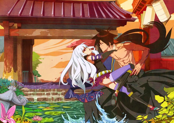 Anime picture 1600x1132 with katanagatari white fox togame yasuri shichika gen'ichi japanese clothes couple flower (flowers) plant (plants) water