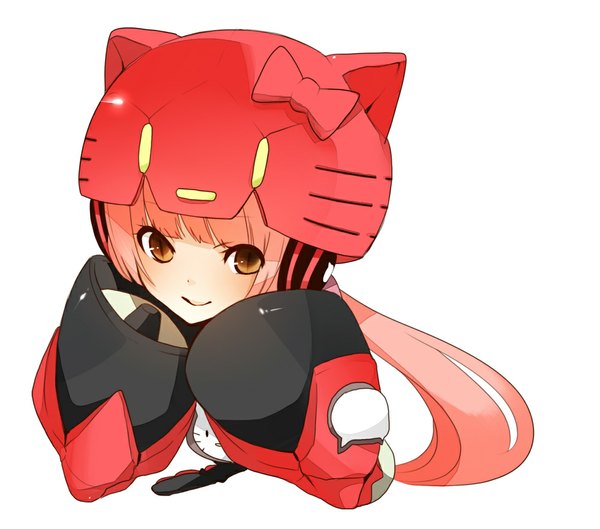 Anime picture 1000x882 with vocaloid nekomura iroha koyubi single long hair looking at viewer blush simple background smile white background animal ears yellow eyes pink hair cat ears hands on face cat eyes girl bow headphones helmet