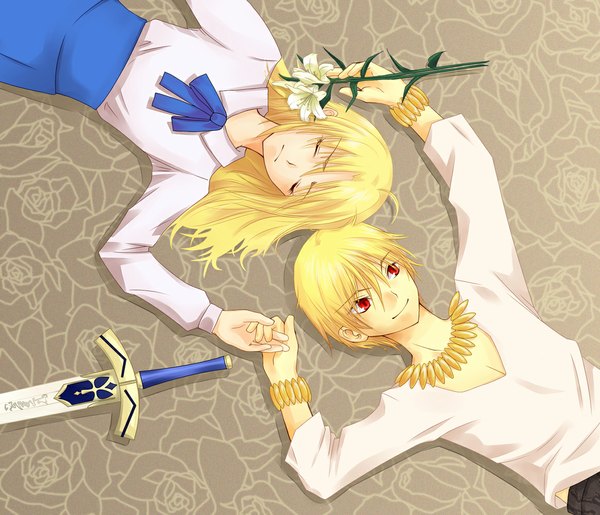 Anime picture 1164x1000 with fate (series) fate/stay night fate/zero studio deen type-moon artoria pendragon (all) saber gilgamesh (fate) nonsensei long hair short hair blonde hair red eyes lying eyes closed couple holding hands girl boy flower (flowers)