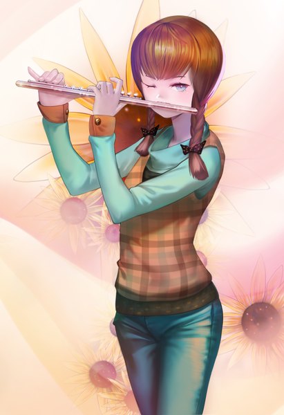 Anime picture 2212x3224 with original hxxg single long hair tall image highres blue eyes brown hair braid (braids) one eye closed wink twin braids girl flower (flowers) bow hair bow musical instrument jeans flute