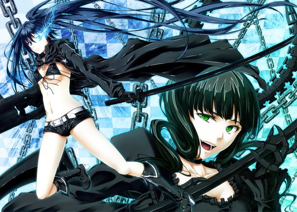 Anime picture 3508x2511 with black rock shooter black rock shooter (character) kuroi mato takanashi yomi ihara natsume highres blue eyes black hair twintails multiple girls green eyes blue hair absurdres very long hair glowing glowing eye (eyes) checkered background girl gloves weapon