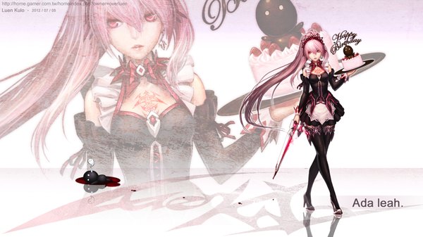Anime picture 1920x1080 with original recovered memory ada leah luen kulo single long hair looking at viewer fringe highres red eyes wide image standing bare shoulders holding pink hair ponytail high heels zoom layer ghost girl