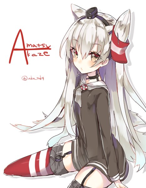 Anime picture 700x900 with kantai collection amatsukaze destroyer sakofu single long hair tall image blush fringe light erotic simple background hair between eyes white background twintails brown eyes signed looking away white hair from above two side up character names