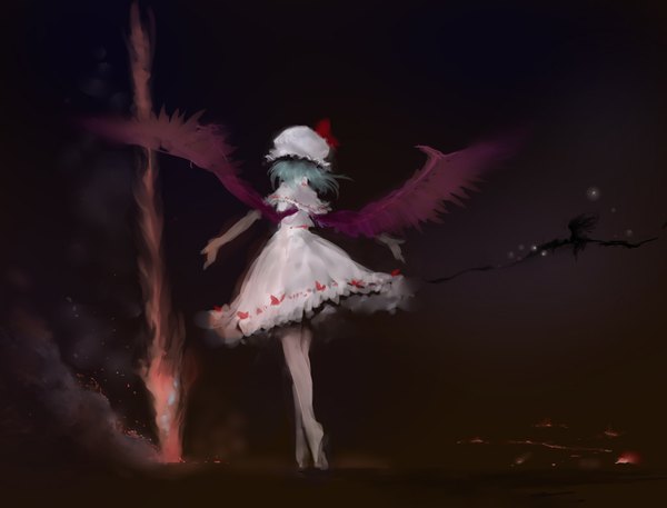 Anime picture 1024x781 with touhou remilia scarlet hi-yo single short hair blue hair barefoot from behind dark background spread arms girl dress weapon wings bonnet spear spear the gungnir