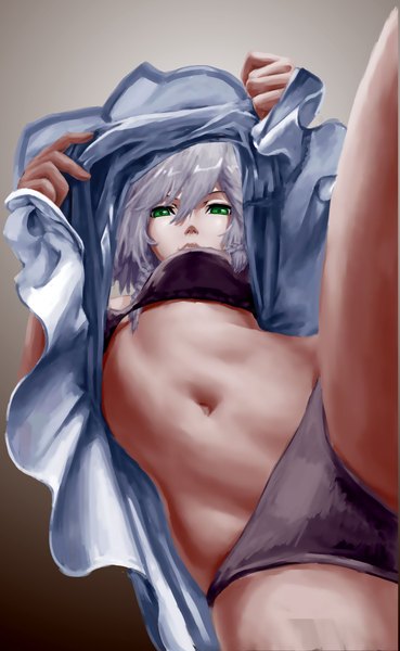 Anime picture 1429x2320 with touhou izayoi sakuya feitie (artist) single tall image highres short hair light erotic twintails green eyes silver hair braid (braids) lips realistic midriff twin braids short twintails undressing girl navel
