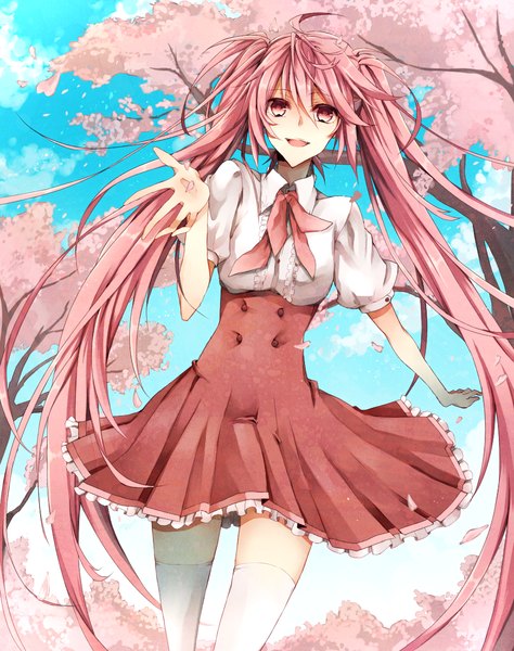 Anime picture 985x1247 with vocaloid hatsune miku sakura miku noka (blackheart1118) single tall image looking at viewer open mouth twintails pink hair sky cloud (clouds) very long hair pink eyes alternate costume cherry blossoms girl thighhighs dress ribbon (ribbons)