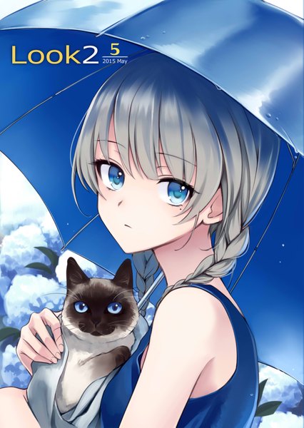 Anime picture 2565x3614 with original takeuchi aya long hair tall image looking at viewer fringe highres blue eyes bare shoulders braid (braids) grey hair inscription mole mole under eye twin braids close-up girl flower (flowers) animal umbrella