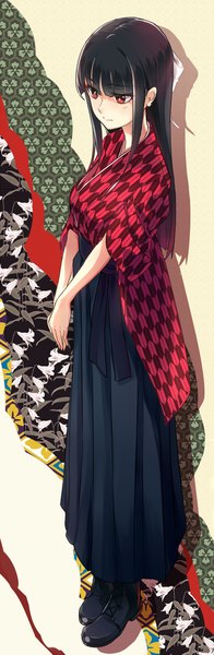 Anime picture 498x1524 with original phantania single long hair tall image blush fringe black hair red eyes traditional clothes japanese clothes shadow yagasuri girl bow hair bow hakama