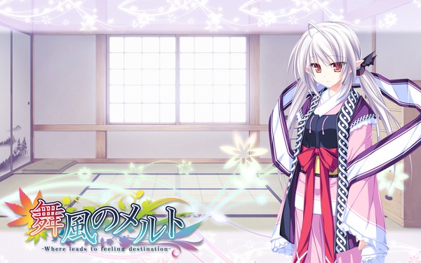 Anime picture 2560x1600 with maikaze no melt suzu (suzukaze no melt) tenmaso single long hair highres red eyes wide image twintails game cg white hair pointy ears girl