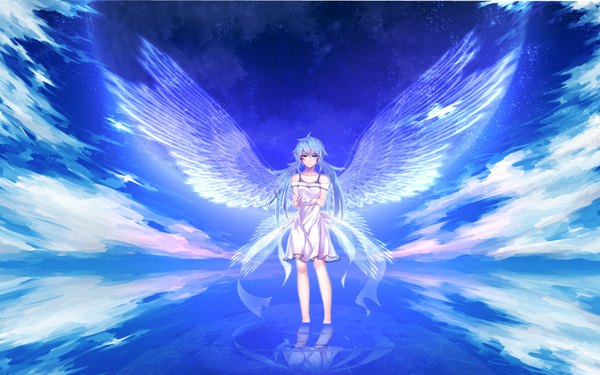 Anime picture 2025x1267 with vocaloid hatsune miku takka (aegis9294) single long hair looking at viewer fringe highres wide image twintails bare shoulders sky cloud (clouds) aqua hair alternate costume reflection girl dress wings water