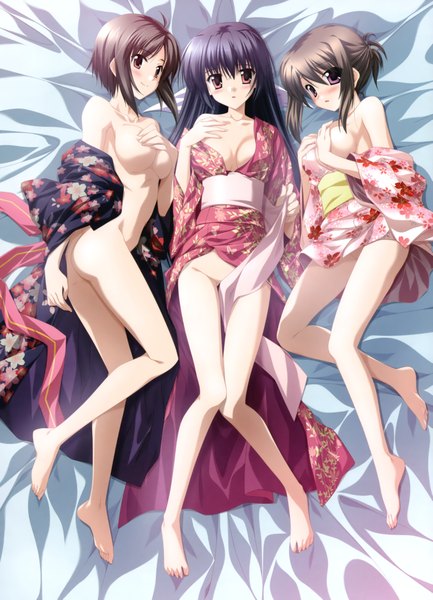 Anime picture 3241x4486 with ef a fairy tale of the two hayama mizuki amamiya yuuko hirono nagi nanao naru long hair tall image blush highres short hair breasts light erotic black hair smile red eyes brown hair multiple girls brown eyes absurdres lying