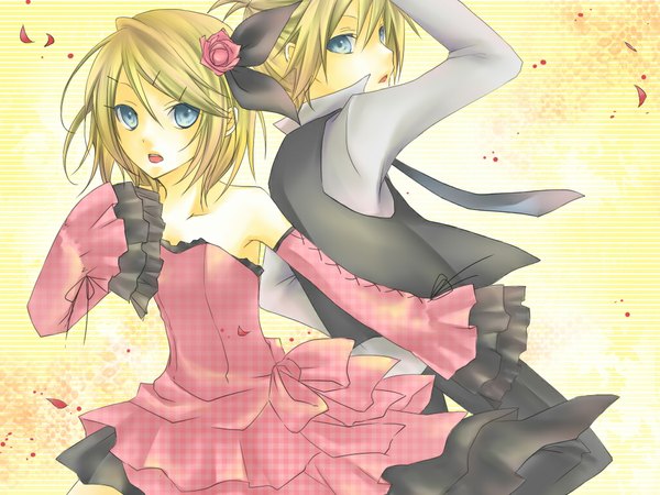Anime picture 1024x768 with vocaloid evillious nendaiki aku no musume (vocaloid) kagamine rin kagamine len kuroi (liar-player) looking at viewer short hair open mouth blue eyes blonde hair siblings twins brother and sister girl dress boy hair ornament detached sleeves pink dress